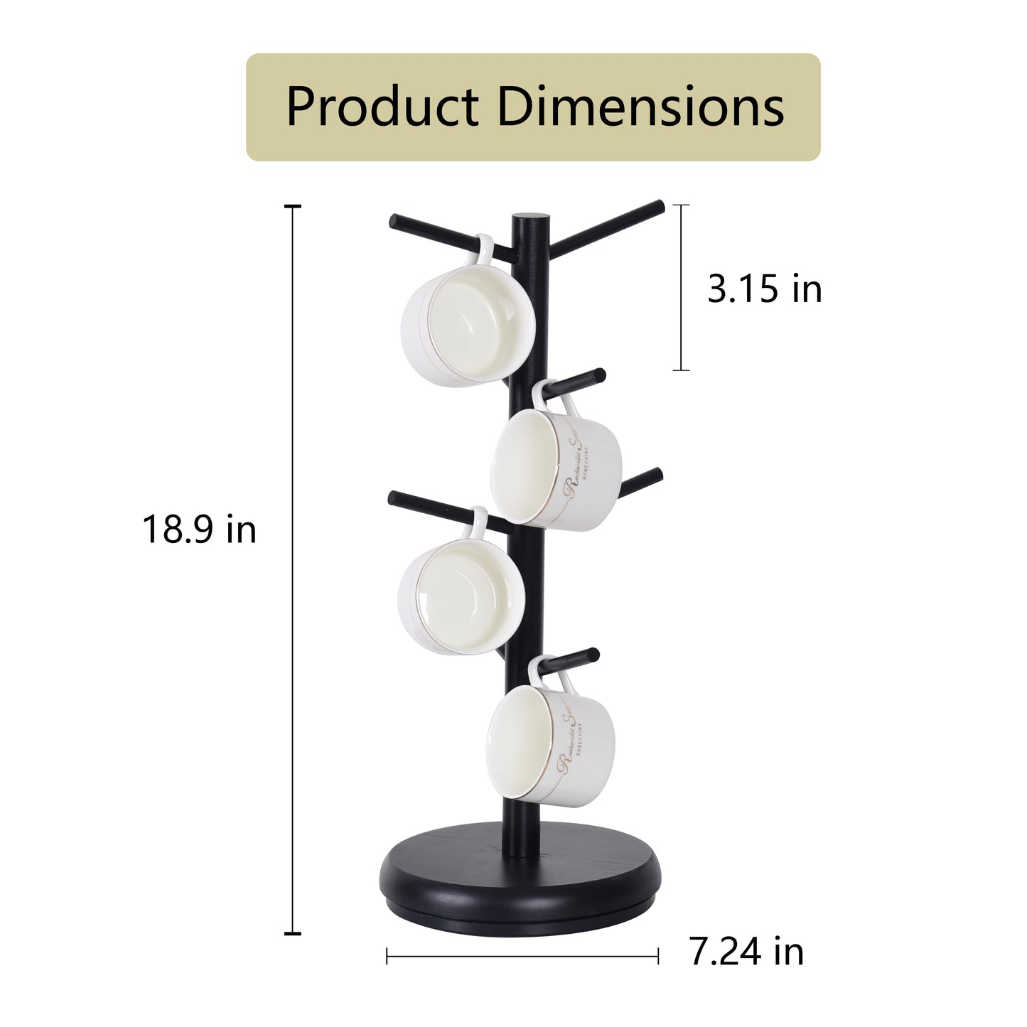 8 Hooks Bamboo Coffee Mug Tree Rotating Coffee Cup Holder (Black)