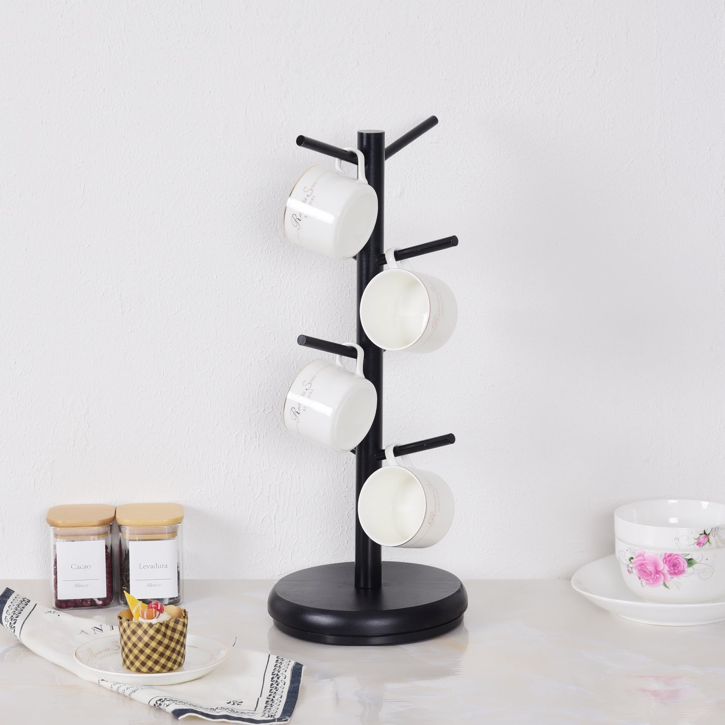 8 Hooks Bamboo Coffee Mug Tree Rotating Coffee Cup Holder (Black)