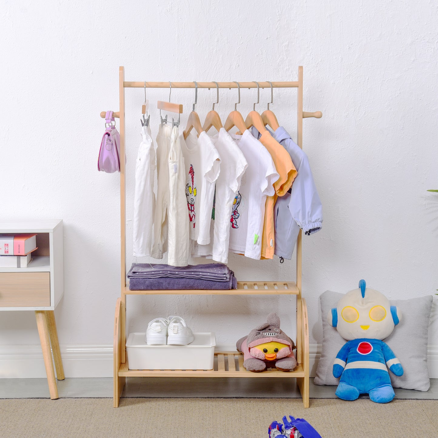 Bamboo Kids Clothing Rack with Adjustable Rods