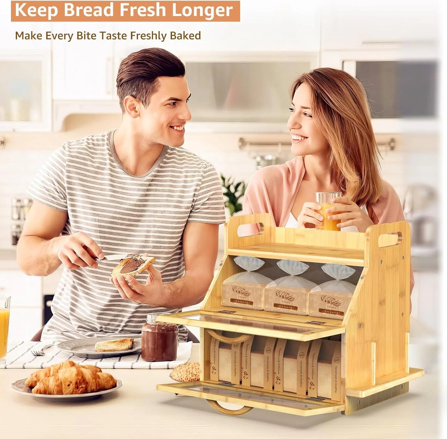 Extra Large Double Layer Bamboo Bread Box with Tool Holder - Natural