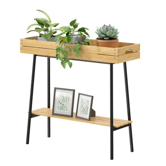 2-Tier Bamboo Plant Stand Table with Metal Legs