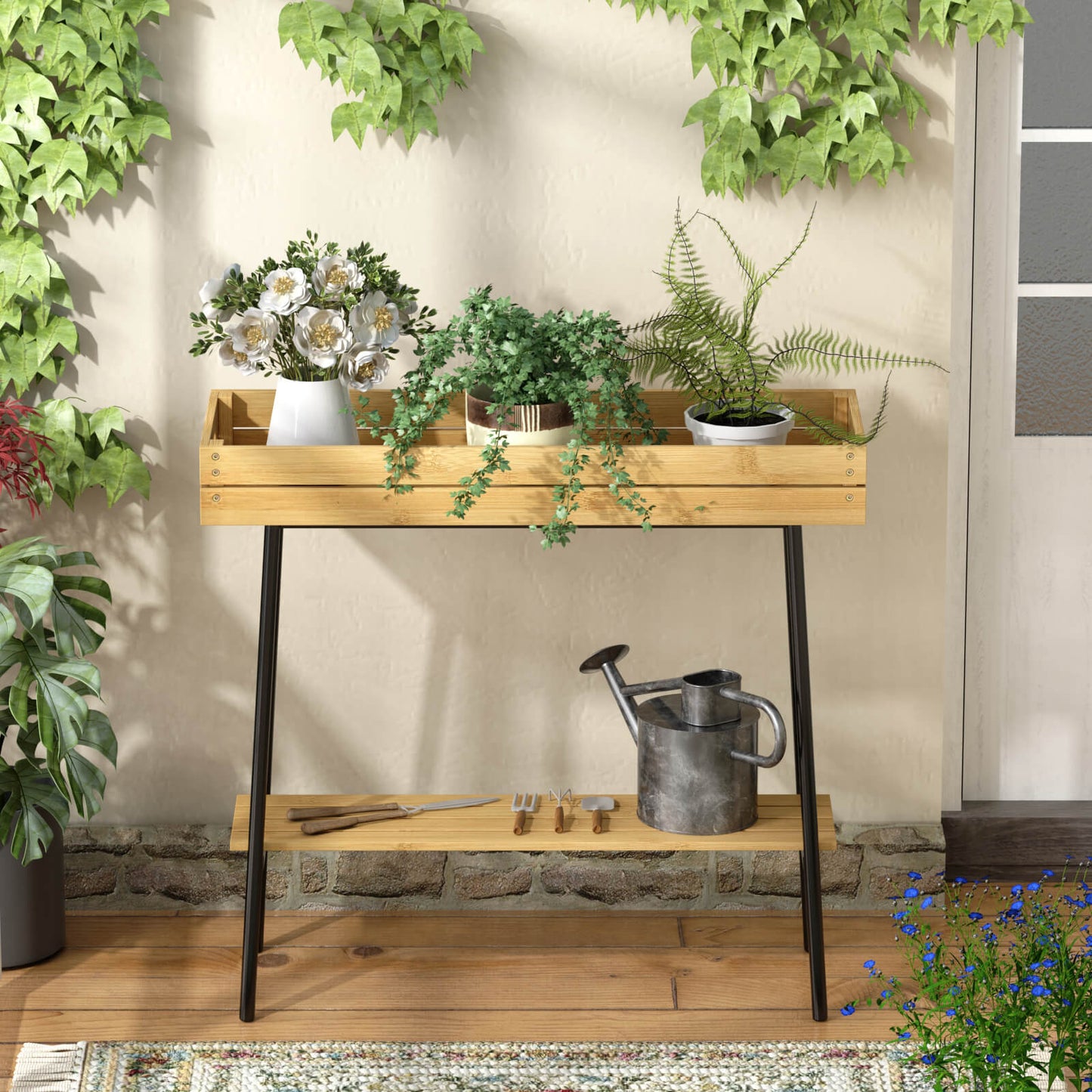 2-Tier Bamboo Plant Stand Table with Metal Legs