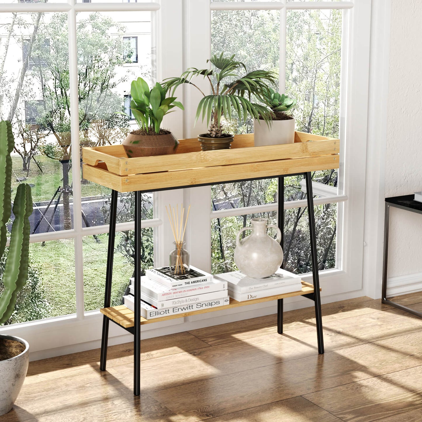 2-Tier Bamboo Plant Stand Table with Metal Legs