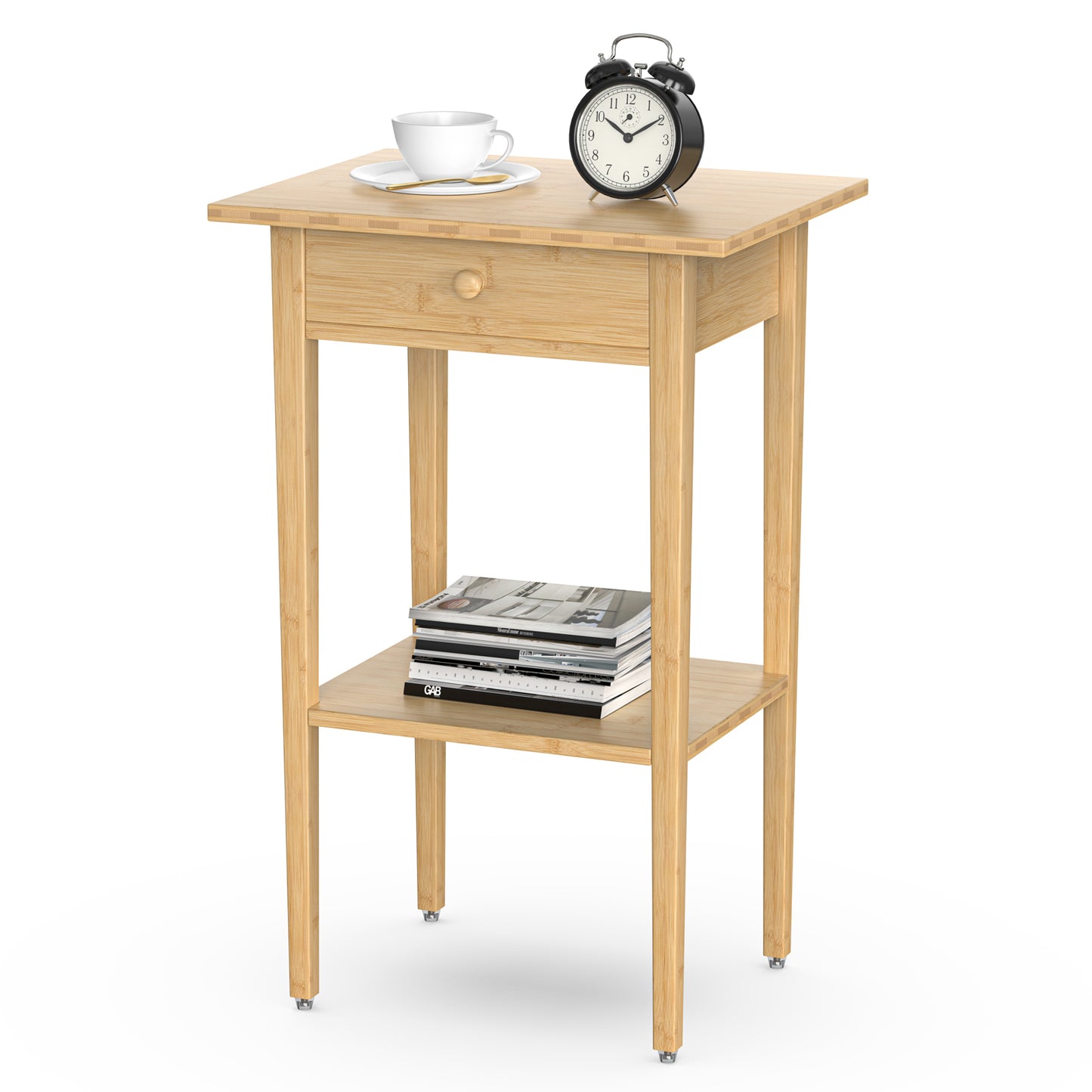 Bamboo Drawer Nightstand, Side Table with Open Shelf for Bedroom