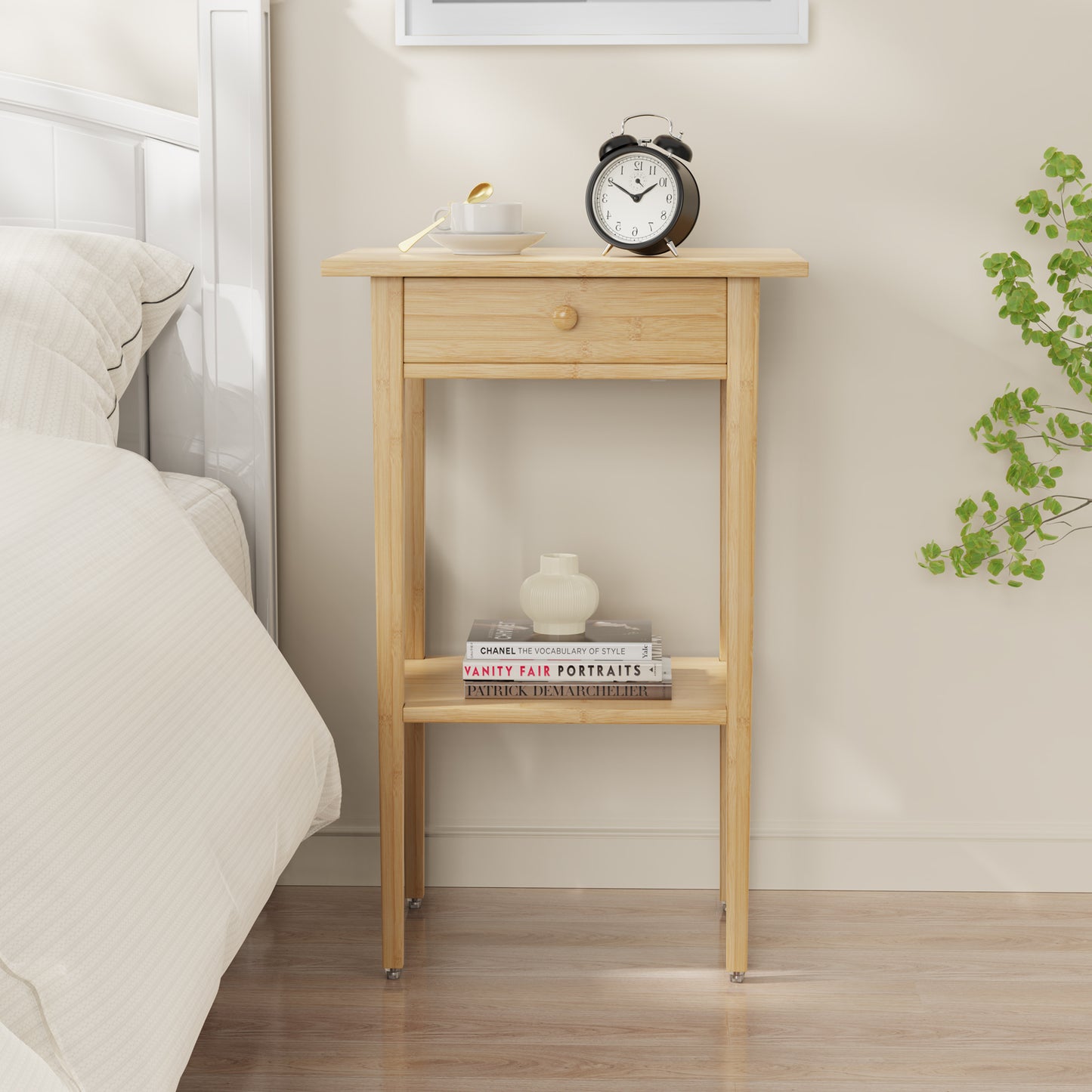 Bamboo Drawer Nightstand, Side Table with Open Shelf for Bedroom