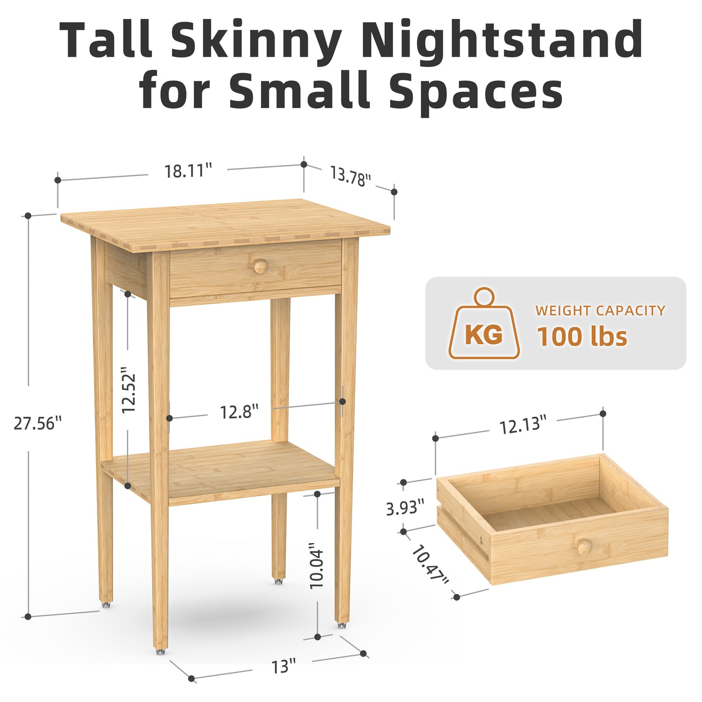 Bamboo Drawer Nightstand, Side Table with Open Shelf for Bedroom