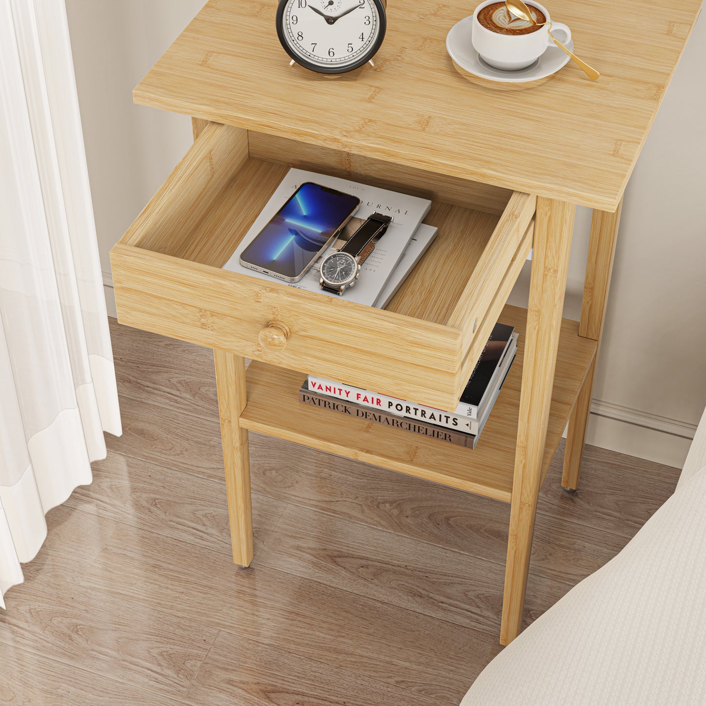 Bamboo Drawer Nightstand, Side Table with Open Shelf for Bedroom